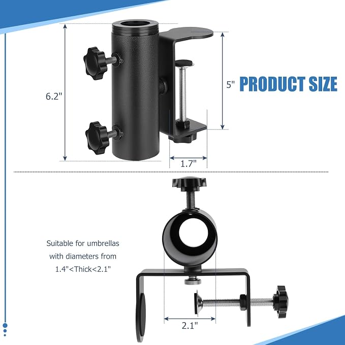 Patio Umbrella Clamp, Heavy Duty Deck Railing Umbrella Holder, Balcony Railings Mount Attaches to Railsor Fence Post Railing Bleachers Benches Tailgates Outdoor