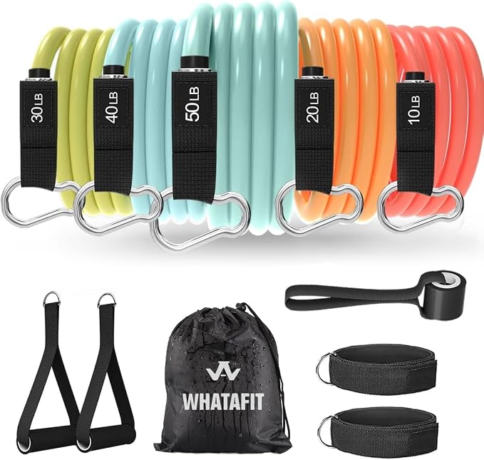 WHATAFIT Resistance Bands, Exercise Bands, Workout Bands with Handles, Door Anchor and Ankle Straps, 5 Resistance Levels Fitness Bands for Strength Training, Physical Therapy, and Home Gym Equipment