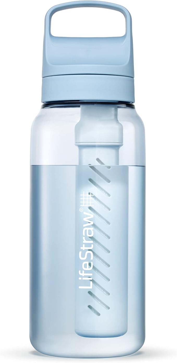 LifeStraw Go Series — BPA-Free Water Filter Bottle for Travel and Everyday Use removes Bacteria, Parasites and Microplastics, Improves Taste, 1L, Icelandic Blue