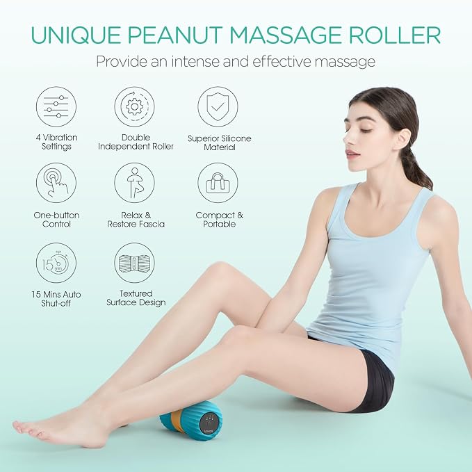 Vibrating Peanut Massage Ball Roller, Electric Double Lacrosse Massage Ball with 4 Intensities for Muscle Pain Relief, Rechargeable Deep Tissue Massage, Yoga Sports Fitness MB300 (Blue)