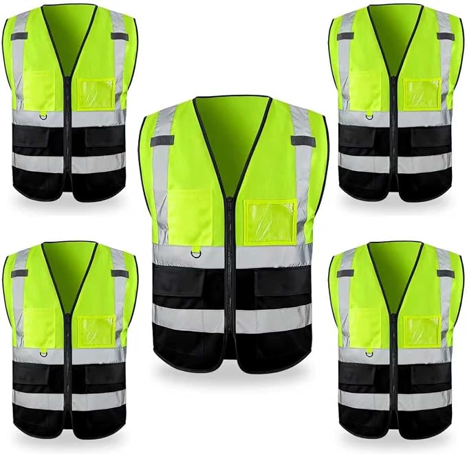FATONE Hi Vis Safety Vest for Men with Reflective Strips, Class 2 High Visibility Vest with Pockets for Construction, Traffic, Warehouse, Security, Volunteer, 5 Pack Black Bottom Yellow, M