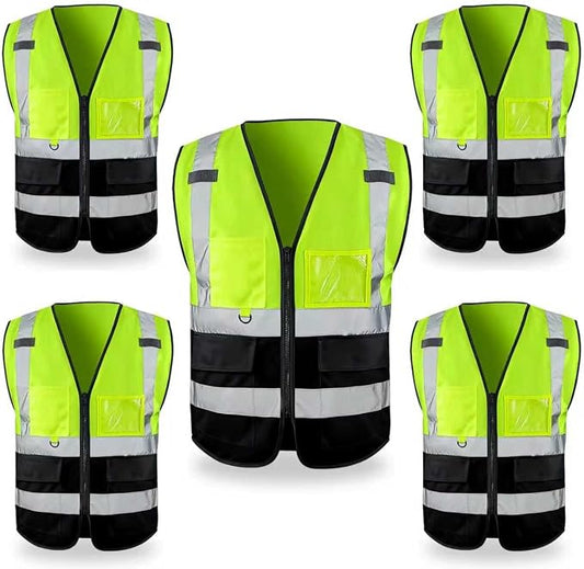 FATONE Hi Vis Safety Vest for Men with Reflective Strips, Class 2 High Visibility Vest with Pockets for Construction, Traffic, Warehouse, Security, Volunteer, 5 Pack Black Bottom Yellow, M