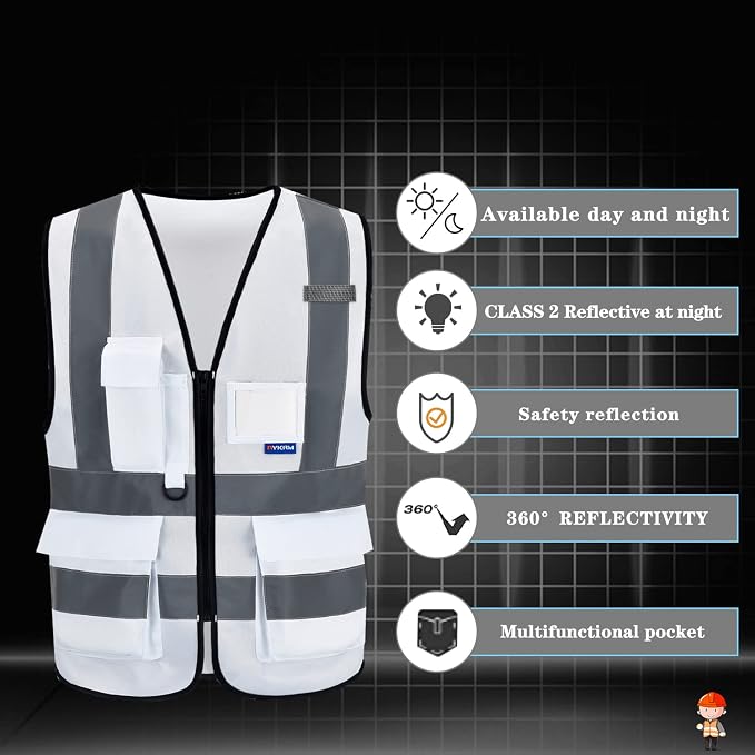 A-SAFETY Hi Reflective Safety Vest,Hi Vis Bright Neon Colors Safety Vest with 4 Reflective Strips 7 Pockets(White XXXL)