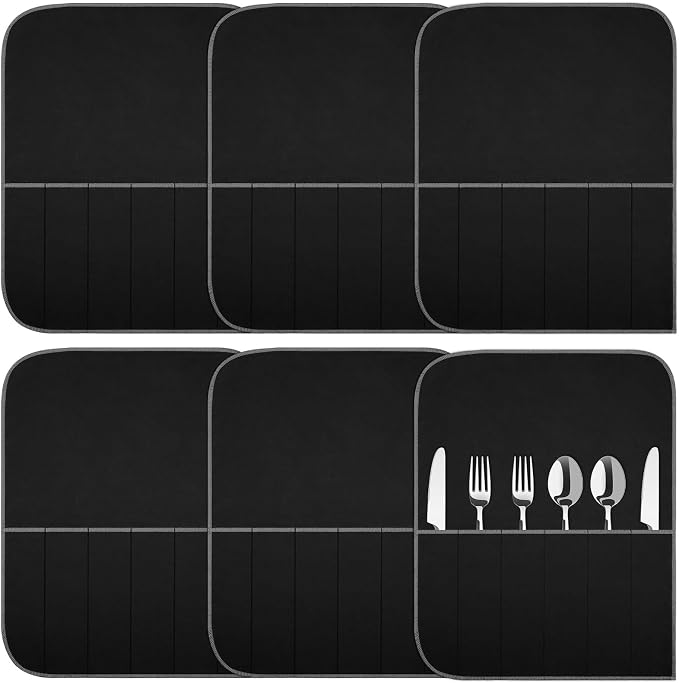 Hillban 6 Pcs Anti Tarnish Silver Storage Bags Silver Storage Cloth Felt Flatware Organizer Anti Tarnish Protector Bags Place Setting Roll with White Ribbon for Kitchen Cutlery (6 Slots,Black)