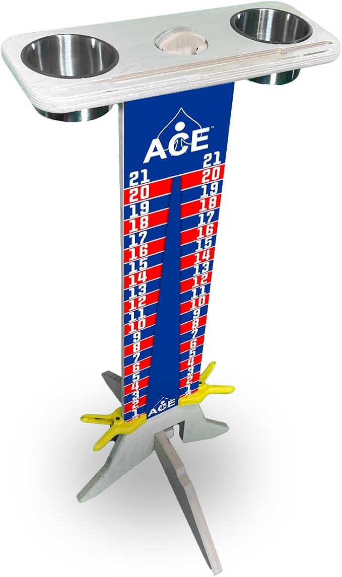 CornholeAce Elite Cornhole Scoreboard 3ft or 5.5ft Tall Hardware Free Stand with UV Printed Score Panel 0 to 21 Phone Tablet Scorekeeping Area Livestream Shelf 2 Drink Holders