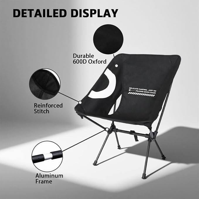 Lightweight Folding Camping Chair for Adults, Heavy Duty 270lbs Capacity Compact Backpacking Hiking Chair – Portable Durable Outdoor Chair with Ergonomic Support (Black)