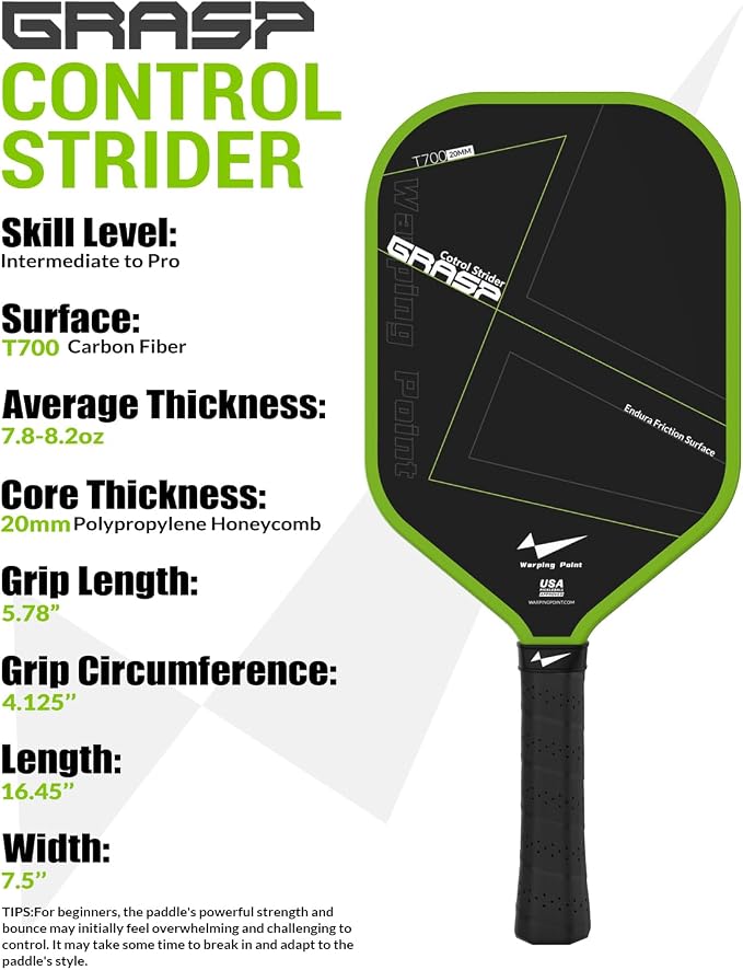 Warping Point Pickleball Paddle, Carbon Fiber Paddle with Endura Friction Surface, Polymer Honeycomb Core, Design for Ultimate Spin & Power, Large Sweet Spot & Contro, USAP Approved