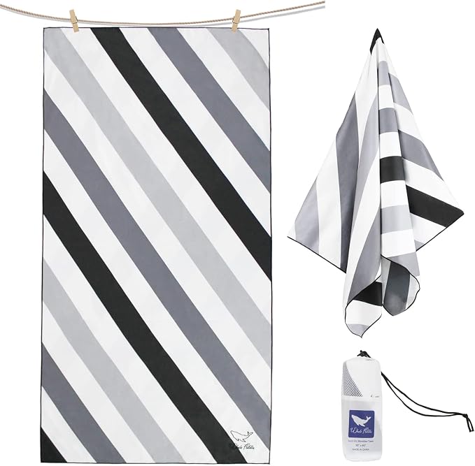Whale Flotilla Large Quick Dry Beach Towel (30"x60"), Microfiber Sand-Free Beach Towels, Super Absorbent Compact Pool Travel Accessories, Black