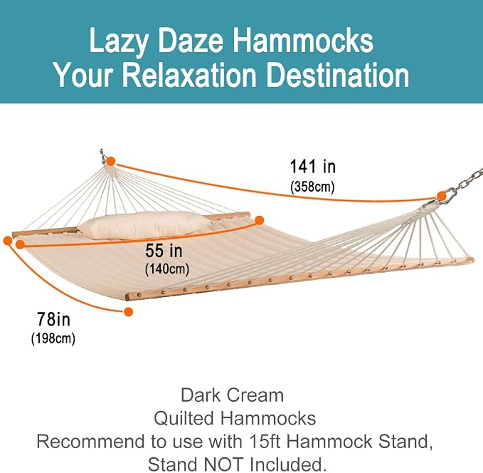 Lazy Daze Hammocks 12FT Quilted Fabric Double Hammock with Spreader Bars and Detachable Pillow, 2 Person Hammock for Outdoor Outside Patio Garden Yard Pool Beach (Linen)
