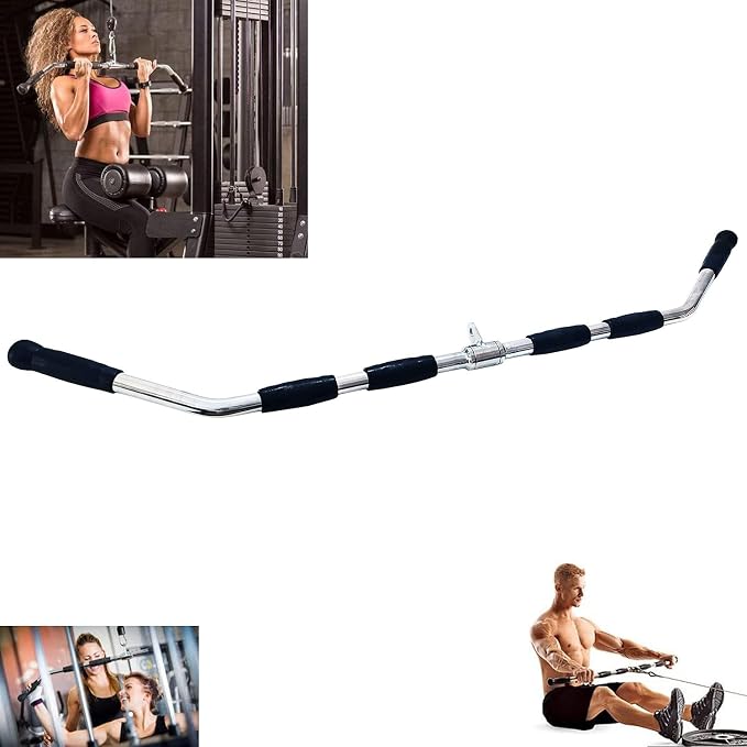 Lat Cable Machine Attachment Curl Pulldown Barbell Revolving Bar, Multi-Exerciser Cable Attachment, Solid Steel Tricep Press Down Bar with Rubber Handgrips & Revolving Hanger