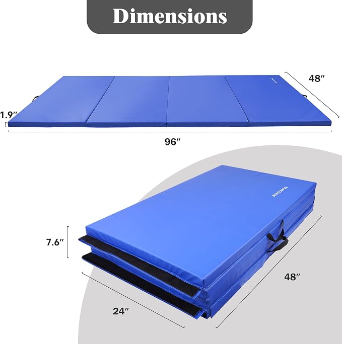 Fitvids 4'x8'x1.9" Gymnastics Mat, Home Exercise Mat with Carrying Handles, Folding Gym Workout Tumbling Mat for Yoga, Pilates, Stretching, MMA, Core Workouts, Fitness Aerobics Mats for Gym Training