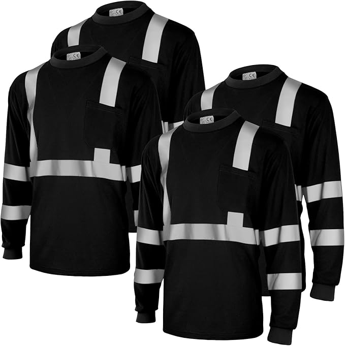 Amylove 4 Pcs Long Sleeve Safety Shirt High Visibility Reflective Construction Work Shirts for Men Women(L,Black)
