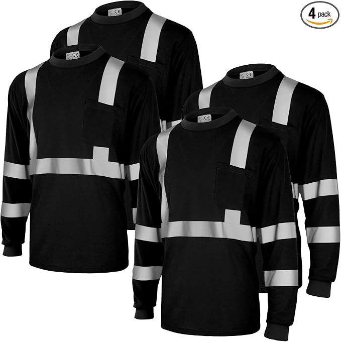 Amylove 4 Pcs Long Sleeve Safety Shirt High Visibility Reflective Construction Work Shirts for Men Women(XXXL,Black)