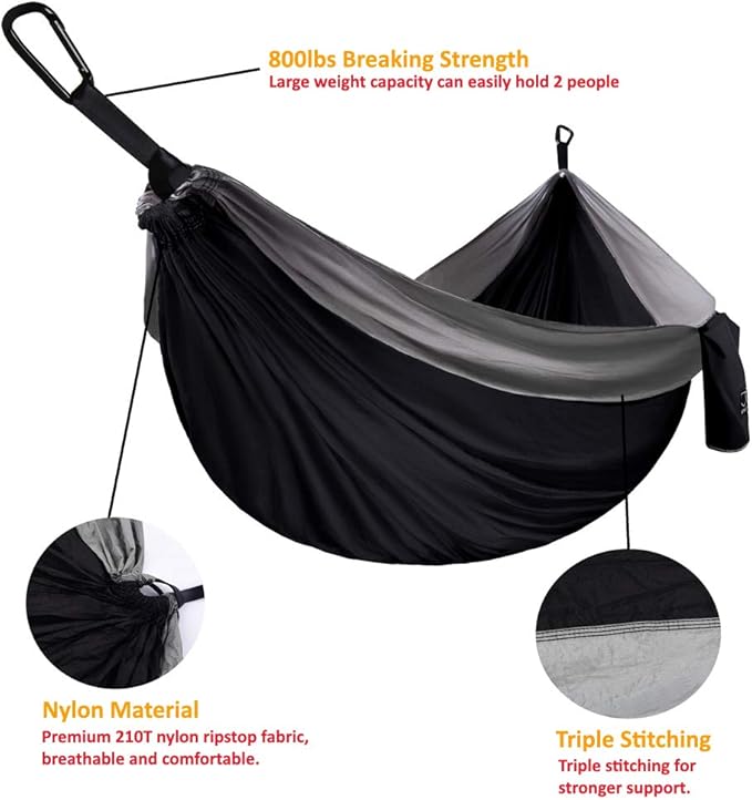 Gold Armour Camping Hammock - Portable Hammock Single Hammock Camping Accessories Gear for Outdoor Indoor Adult Kids, USA Based Brand (Black & Grey)