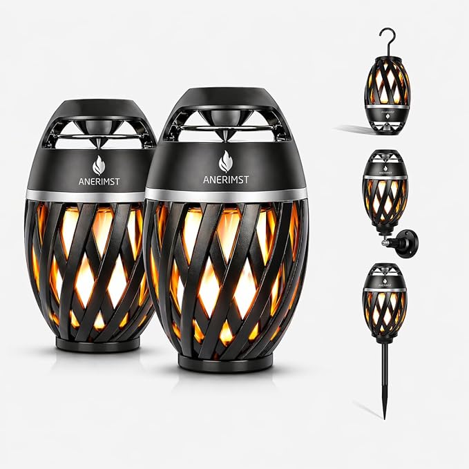 ANERIMST for Dad, Outdoor Bluetooth Speakers with LED Torch Light – Wireless & Waterproof Speaker for Garden, Patio, 360° Sound, 24-Hour Playtime for Men, 2 Pack (Black)