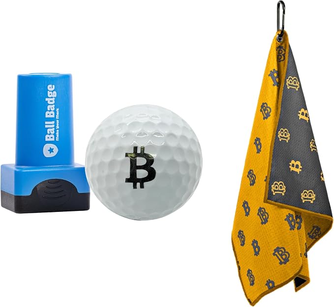 Golf Ball Stamp Bitcoin and Bitcoin Golf Towel Orange and Grey