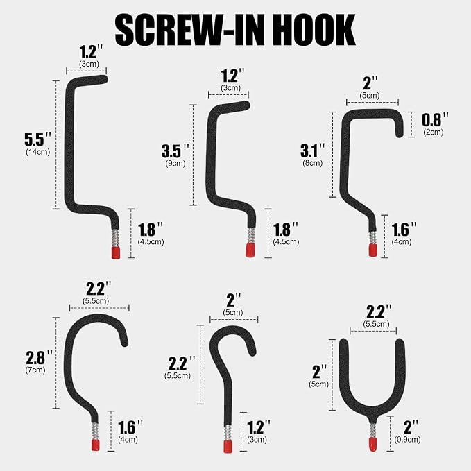 Garage Hooks Heavy Duty, 12-Pack Mixed Utility Garage Hooks, Wall Mounted Steel Tool Hangers for Garage Wall Organizer, Hold Ladders Tools Bikes (Black, 6 Type & 12 Pack)