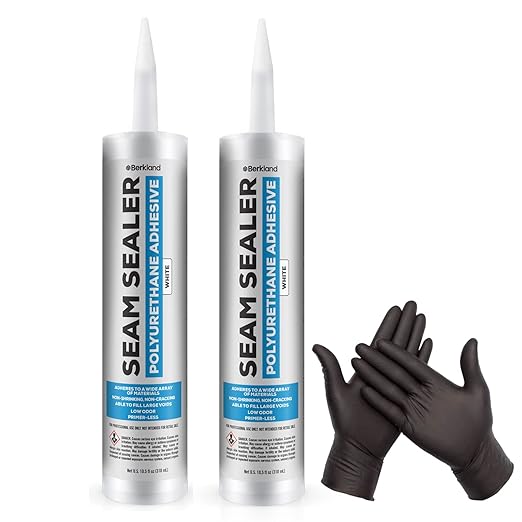 [2 Pack] Polyurethane Seam Sealer Automotive Compound — Paintable Auto Body Seam Sealer White, Won't Shrink or Crack, Flexible Joint Filler for Bare & Painted Metal, RV Roof Sealant with Gloves, 10oz