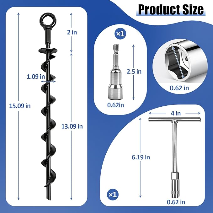 Ground Anchors Heavy Duty, 15in Steel Spiral Ground Stakes Screw in, 4 Pack Easy Install for Hard Soil, Outdoor Ground Anchors for Shed, Tent, Swing Set, Canopy, Trampoline Frame, High Wind Security