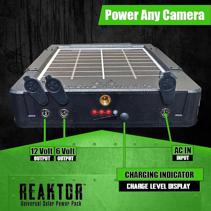 Elusive Wildlife Reaktor Universal Solar Power Pack for Security Camera, Trail Camera, Game Camera Compact Solar Panel with Rechargeable Battery & Mounting Bracket for Hunters 3 watt Panel, 12V, 6V