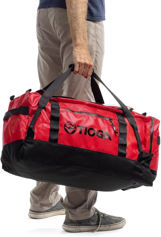 TIOGA Venture Outdoor Duffel Bag with Backpack Straps, Weather Resistant, Rugged Construction, Gear Hauling for Outdoor Adventures, Medium / 50L, Red