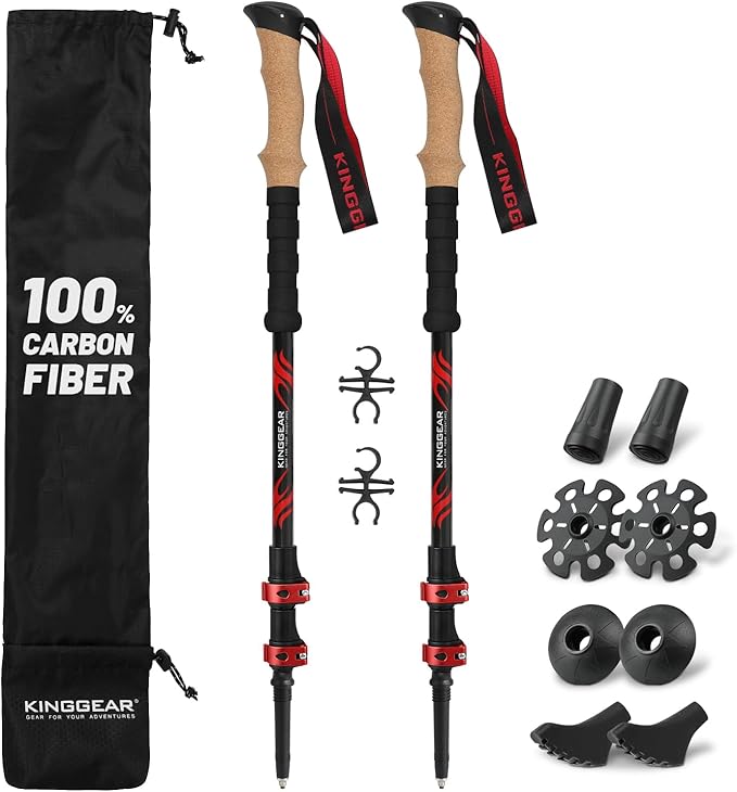 KINGGEAR TPC 100% Carbon Fiber Hiking Poles, Telescopic Retractable Nordic Trekking Poles, Ultra Lightweight Nordic Walking Stick, Metal Flip Locks, Cork and Extended EVA Handle
