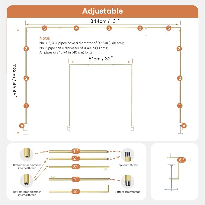 XLHOMO Over The Table Rod Stand with Clamps, Adjustable 32''-79'' Tall 32"-131" Length, Gold Table Arch Stand Metal Balloon Frame Hanging Rod for Weddings Christmas Birthdays Garden Arbors Decoration