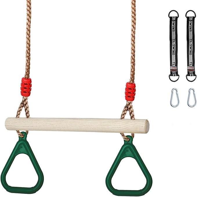 Trapeze Swing Bar with Rings, Wooden Trapeze Swing Bar with Plastic Gym Rings Adjustable Rope, Locking Straps, Outdoor Swing Set Playground Accessories for Kids (Green)