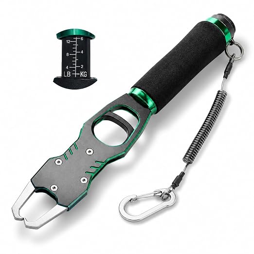 XKCZ 2-in-1 Fish Gripper with Scale, 40lb Fish Lip Gripper, One-Hand Fish Grabber with 360° Swivel, CNC-Machined Aluminum Fishing Gripper Tool with Lanyard for Bass, Saltwater Freshwater Fishing