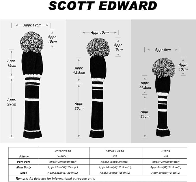 Scott Edward Golf Headcover Set of 5 PCS, Driver Wood Cover *1, Fairway Wood Cover *2, Hybrid Cover * 2, with Rotating Number Tags