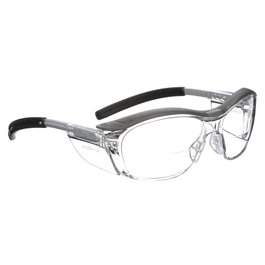 3M Safety Glasses with Readers, Nuvo Readers, +2.0 Diopter, Pack of 1, ANSI Z87, Clear Lens, Gray Frame, Soft Nose Bridge, Side Shields
