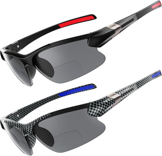 DEHOTRE 2 Pack Bifocal Reading Sunglasses Men TR90 Frame Wrap Around Sports Semi Rimless Sun Readers for Driving Golf Fishing