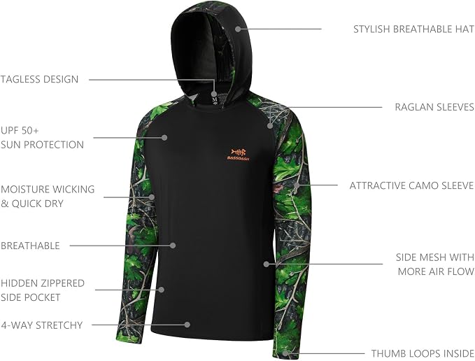 BASSDASH Men’s UPF 50 Performance Fishing Shirt Cooling Hoodie Camo Long Sleeve FS17M
