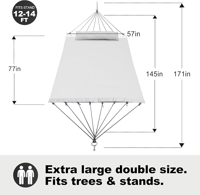 GAFETE 14ft 2 Person Hammock for Outside, Quick Dry Textilene, Portable Hammocks Without Stand with Folding Steel Spreader Bar, Carrying Bag, Tree Straps, Pillow & Sidebag, 550 lbs Capacity (White)