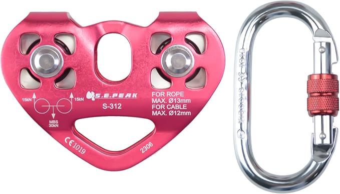 SEPEAK CE 30kN Tandem Speed Double Pulley with 1 Steel 25kN Clip, Zip Line Trolley for Backyard Zipline, Climbing & Rock Rescue Lifting, Fits Cable up to 1/2 Inches/Holds Up to 6750lbs