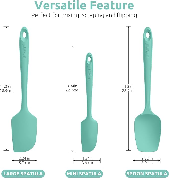 U-Taste Silicone Baking Spatula Set: 480ºF High Heat Resistant, Food Grade Flexible Rubber Kitchen Cooking Mixing Scraper, Food Grade Seamless Utensil for Nonstick Cookware Set of 3 (Aqua Sky)