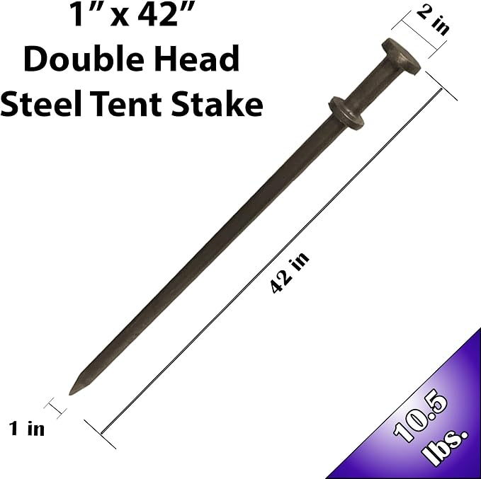 Double Head Metal Tent Stakes Heavy Duty Steel Ground Stake, Versatile Spikes to Anchor Commercial Inflatables, Event Party Tents, and Outdoor Camping Shelters, 1 x 42 inch, 25 Pack