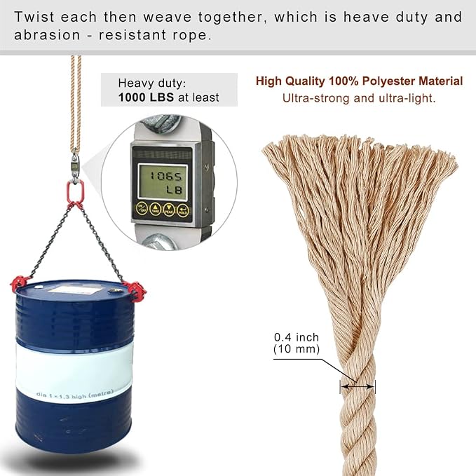 SELEWARE Hammock Straps, 8ft Tree Swing Rope for Hammock Chair Hanging Kit, Extension Rope with Carabiner for Indoor Outdoor Playground Tree Swings Camping Hammock Accessories (Beige, 2 Pack)