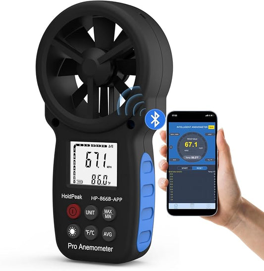 HoldPeak Handheld Anemometer Bluetooth, Digital Wind Speed Gauge Meter, Air Flow Velocity Temperature CFM Measuring Device for HVAC Outdoor Sailing Shooting Golf, 866B-APP