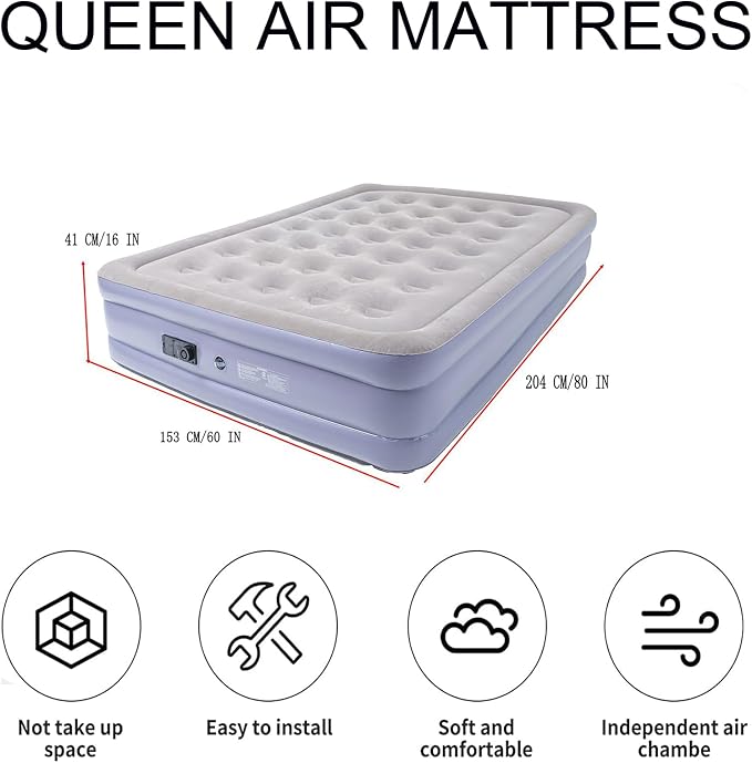 Onirii Queen Air Mattress Bed with Built in Pump | 16 Inches High Queen Airbed Inflatable Mattress,Comfort Thickened Blow Up Air Mattress,Travel Sleeping Pad for Guests Home