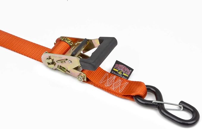 PowerTye 1.5in x 7ft Rubber Handle Ratchet Straps with SHEEPTEX Synthetic Sheepskin Soft-Tye w/Heavy Duty Latch-Hooks - 1,200 lb. WLL / 3,600 lb. Breaking Strength - Made in USA, Orange (Pair)
