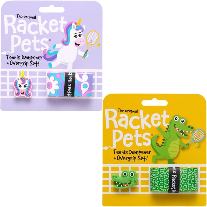 Racket Pets Kids Tennis Racket Dampener & Matching Overgrip Tape, Unicorn & Alligator