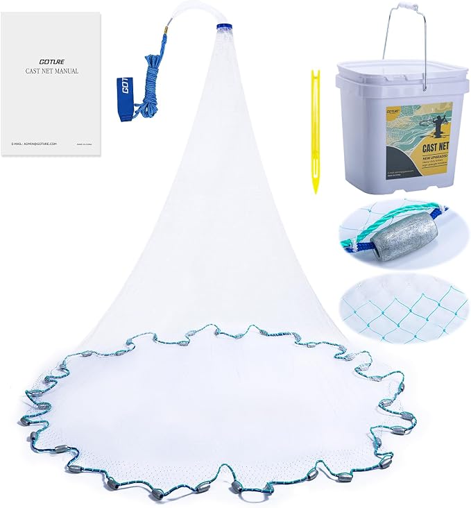 Goture American Fishing Cast Net Saltwater Freshwater,3/8in Mesh Size Casting Net for Bait Fish Shrimp Trap,Heavy Duty Sinkers Dual Color Double Selvage,3ft-12ft Radius Throw Cast Net with Needle