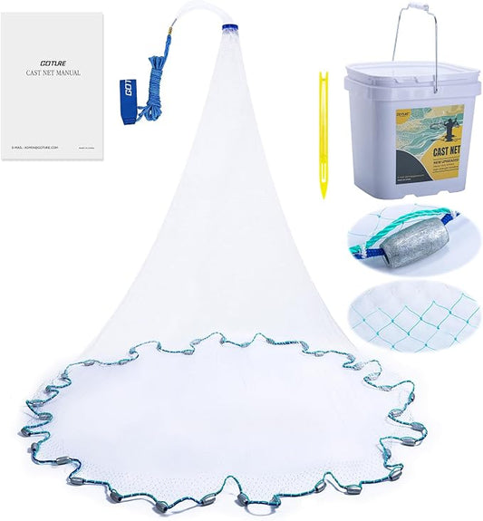 Goture American Fishing Cast Net Saltwater Freshwater,3/8in Mesh Size Casting Net for Bait Fish Shrimp Trap,Heavy Duty Sinkers Dual Color Double Selvage,3ft-12ft Radius Throw Cast Net with Needle