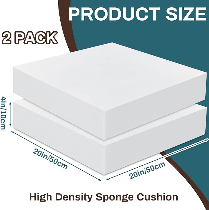 Frienda 2 Pack 4" X 20" X 20"Upholstery High Density Foam Cushion Replacement Square Cut to Size Foam Couch for Chair Couches Padding Shipping Packing DIY Cosplay Projects(White)