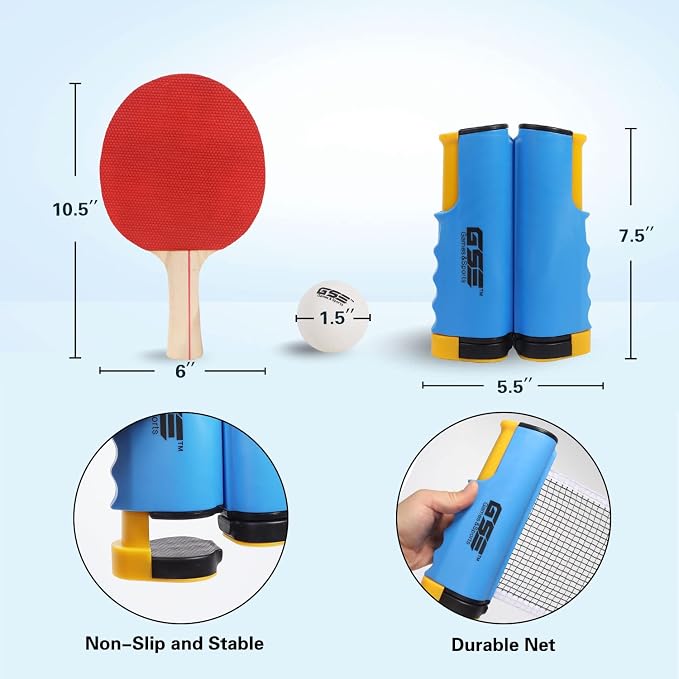 GSE Games & Sports Expert Adjustable Retractable Ping Pong Net Set & Post. Professional Table Tennis Rackets and Balls, Net with Posts and Storage Bag - Pingpong Paddle and Game Table Accessories. | Adjustable