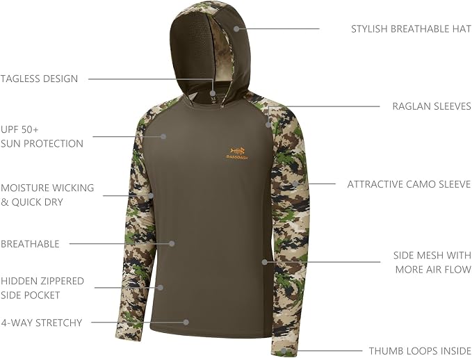 BASSDASH Men’s UPF 50 Performance Fishing Shirt Cooling Hoodie Camo Long Sleeve FS17M