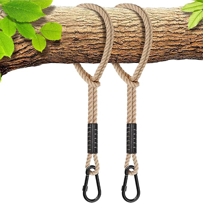 SELEWARE Hammock Straps, 2ft Tree Swing Rope for Hammock Chair Hanging Kit, Extension Rope with Carabiner for Indoor Outdoor Playground Tree Swings Camping Hammock Accessories (Beige, 2 Pack)