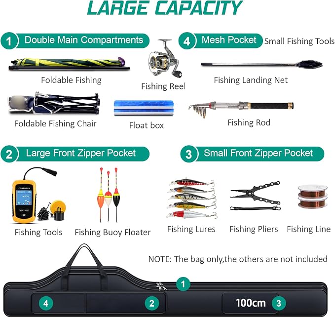 Fishing Rod Case with Fishing Tackle Box Portable Folding Rod Case Pole Reel Storage Bag Gears Organizer (100CM)