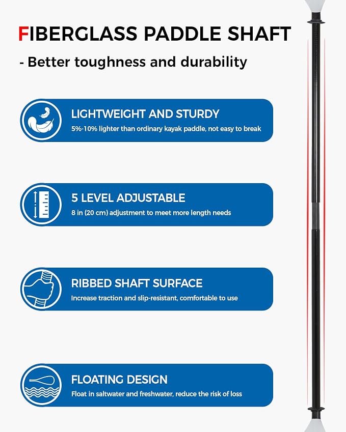 Kayak Paddle with Fiberglass Shaft and Reinforced Nylon Blade, Adjustable Kayaking Oars, 3 Piece, 230-250 cm/90-98 inches, 210-230 cm/82-90 inches